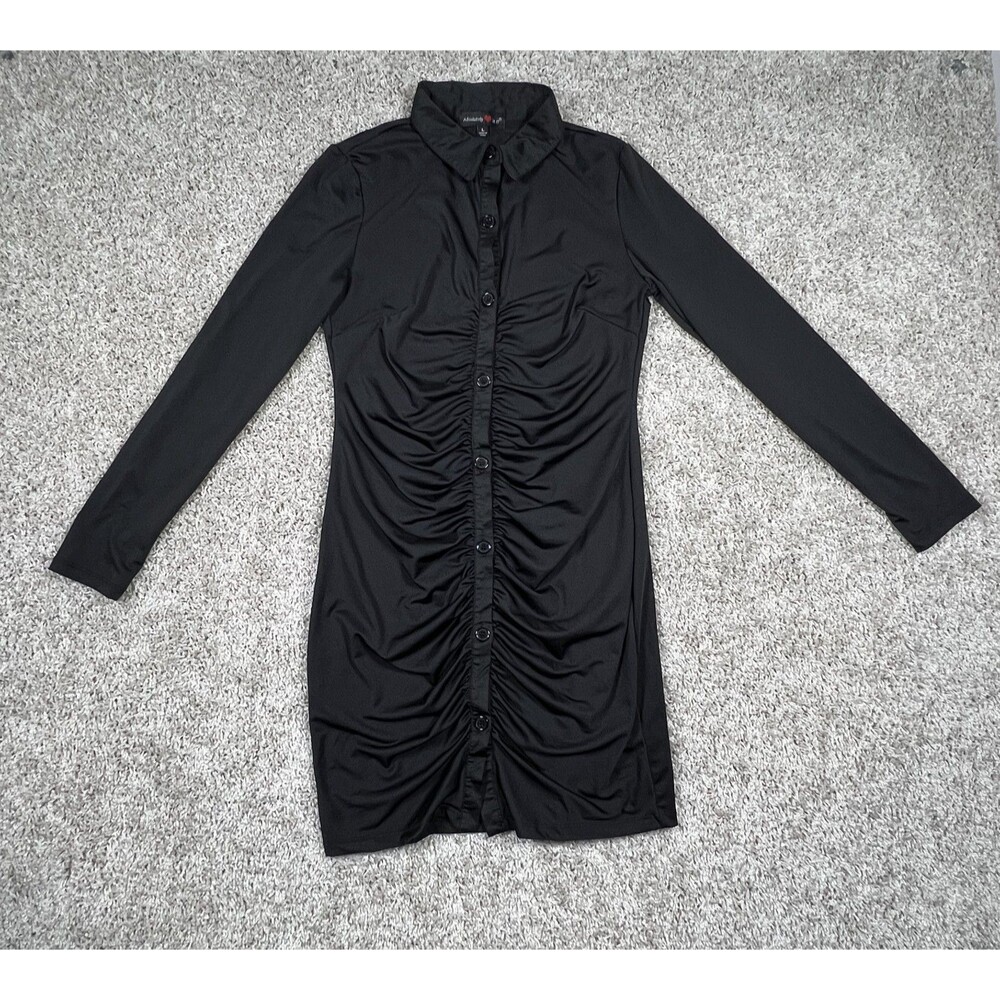 Absolutely It Womens L Black Ruched Button Front Shirt Dress Bodycon